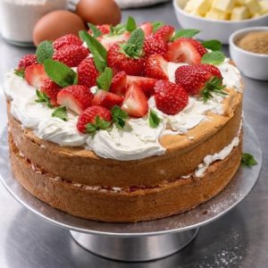 Mascarponecrèmetaart met aardbeien en munt